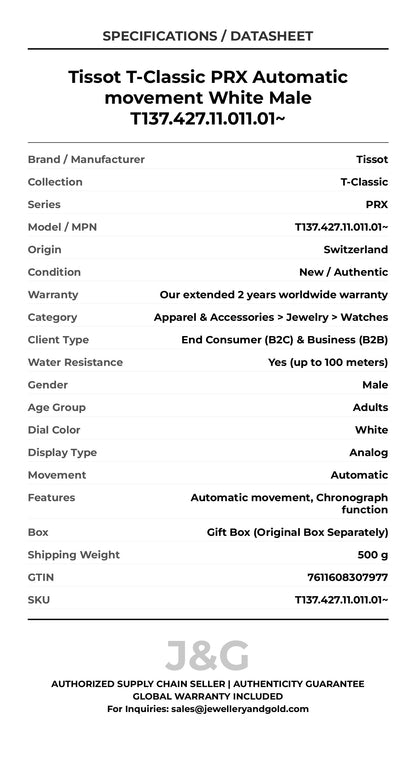 Tissot T-Classic PRX Automatic movement White Male T137.427.11.011.01~ - Specifications