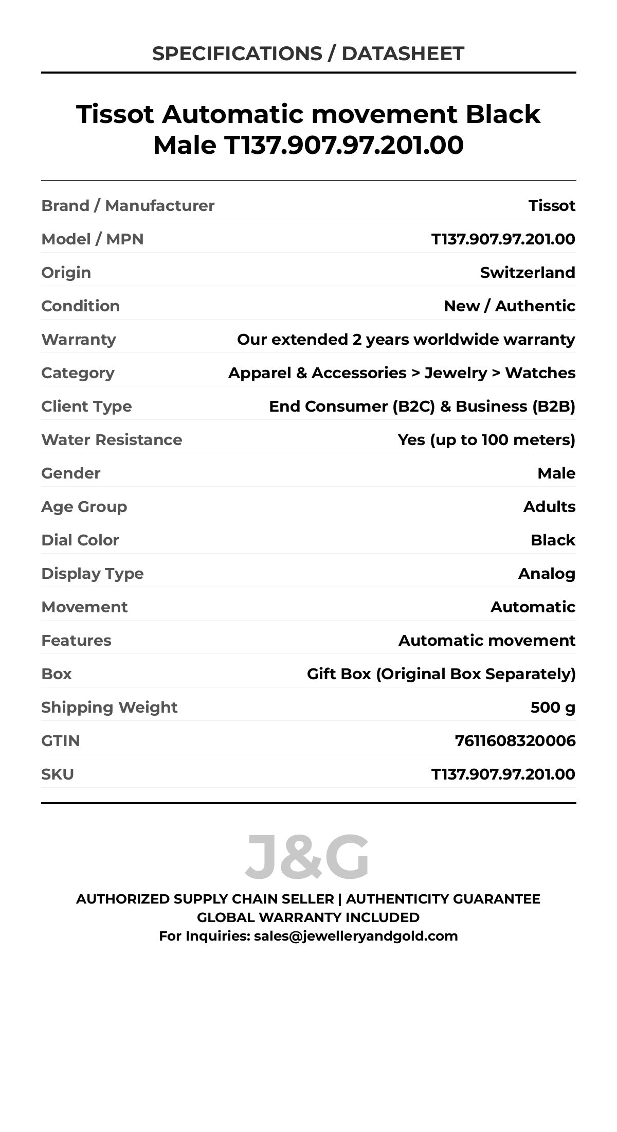 Tissot Automatic movement Black Male T137.907.97.201.00 - Specifications