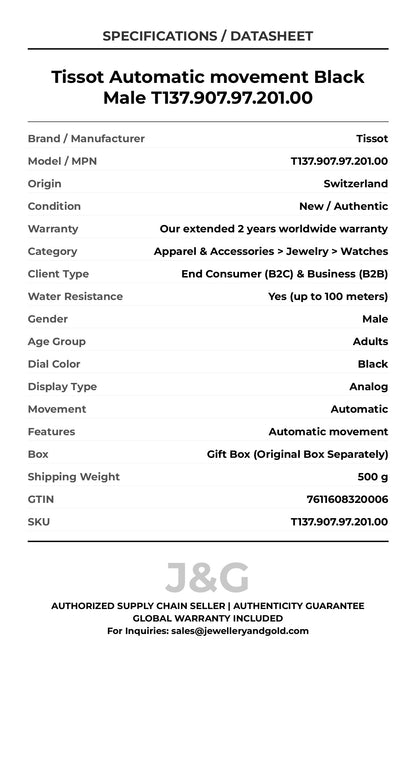 Tissot Automatic movement Black Male T137.907.97.201.00 - Specifications