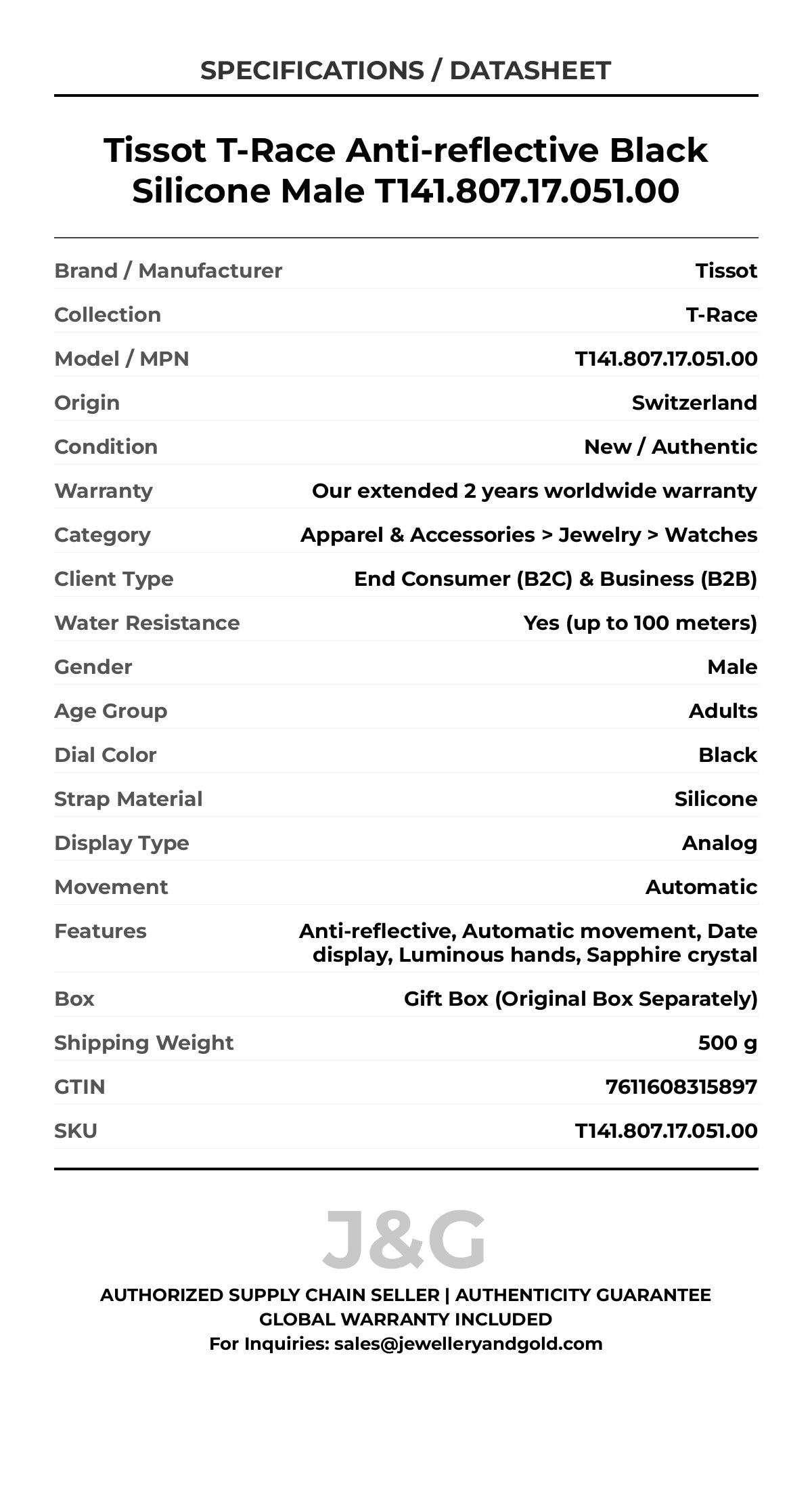 Tissot T-Race Anti-reflective Black Silicone Male T141.807.17.051.00 - Specifications