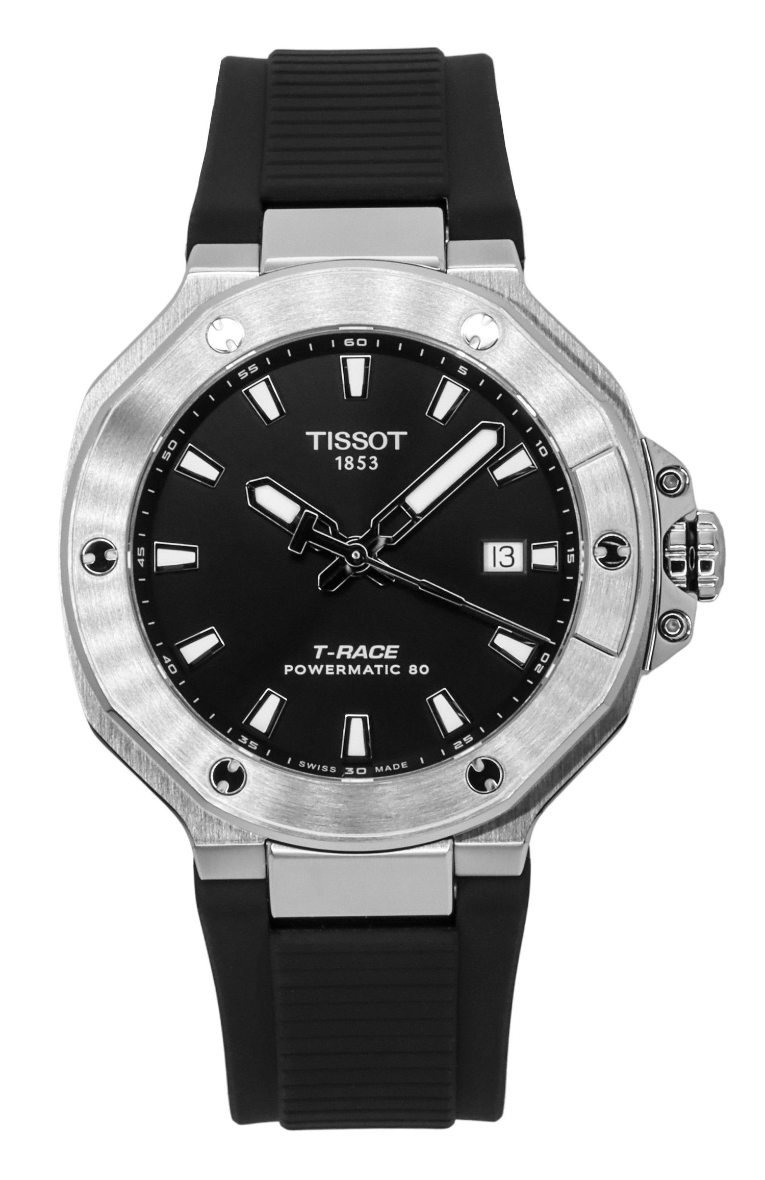 Tissot T-Race Anti-reflective Black Silicone Male T141.807.17.051.00. A brand-new Tissot T-Race watch featuring a Black dial and a Silicone strap. Angled view.