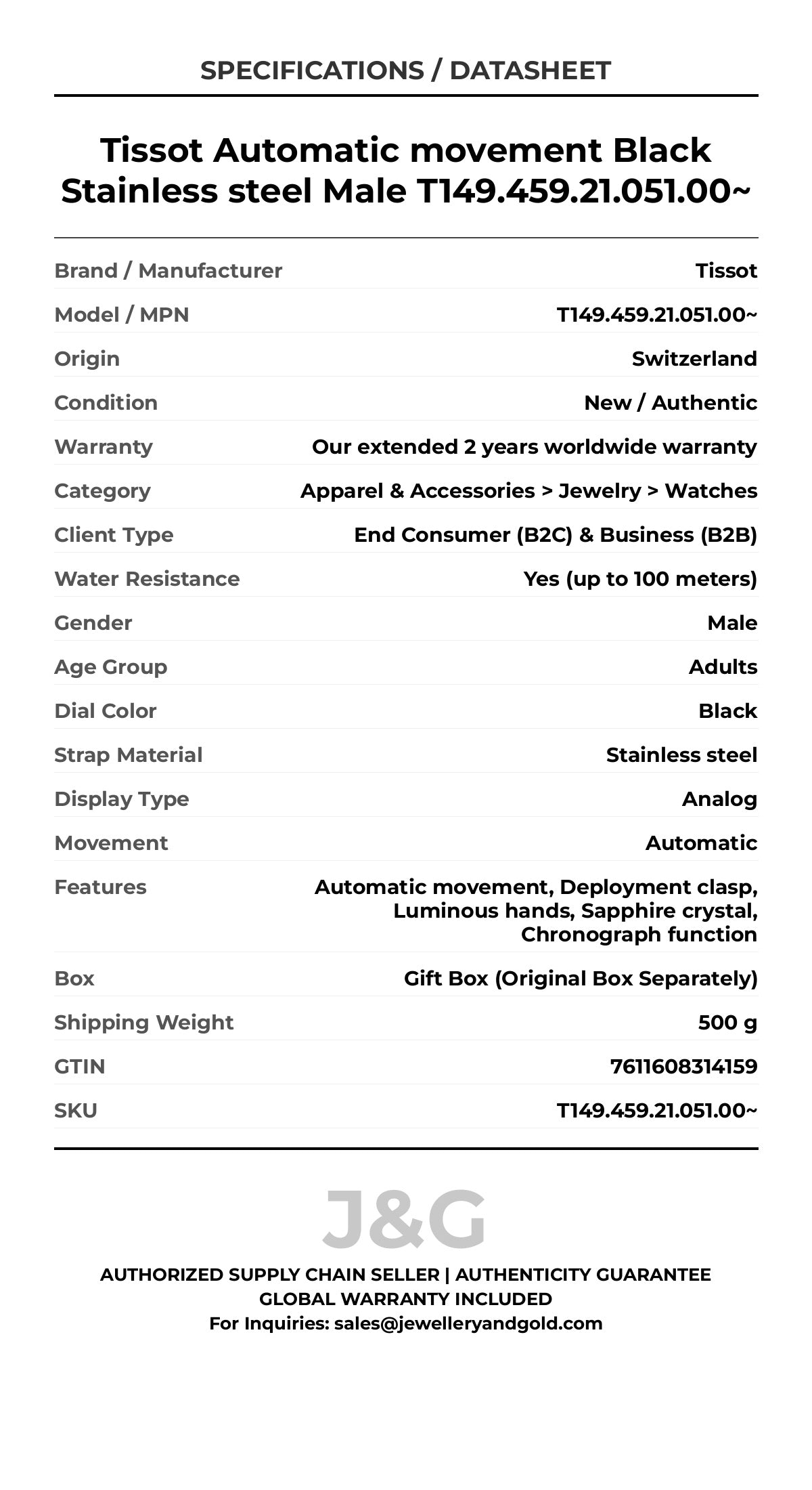Tissot Automatic movement Black Stainless steel Male T149.459.21.051.00~ - Specifications