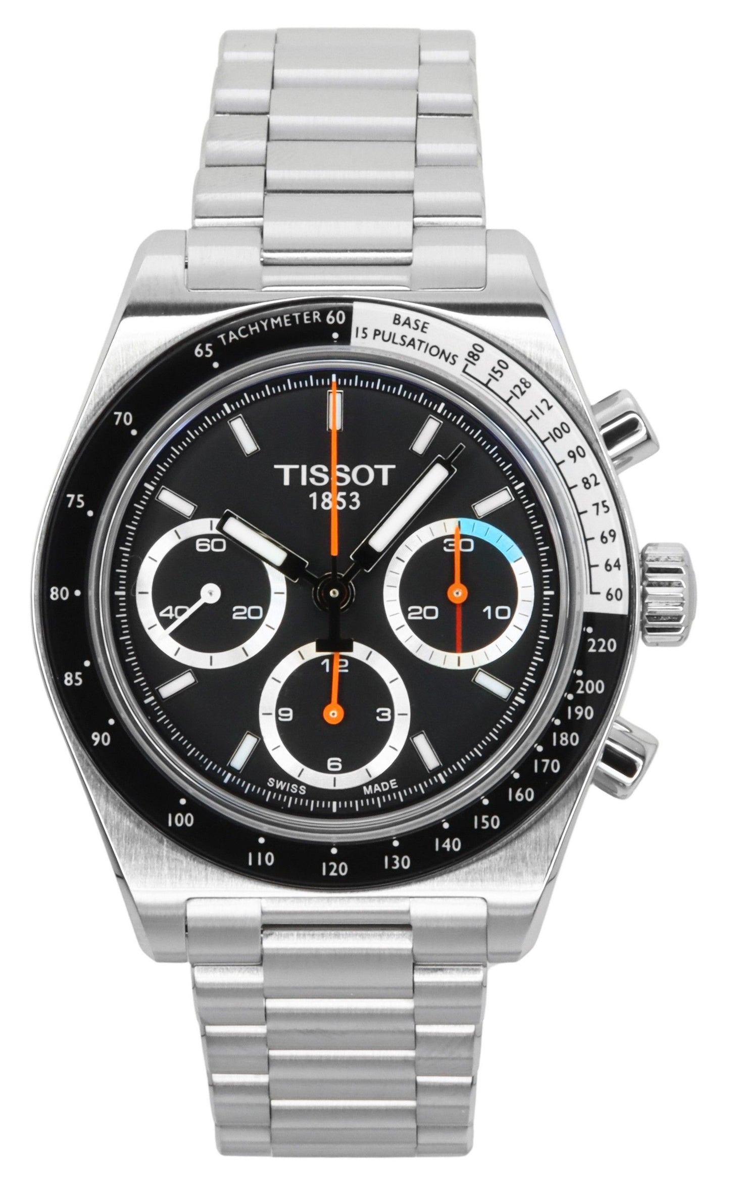 Tissot Automatic movement Black Stainless steel Male T149.459.21.051.00~. A brand-new Tissot watch featuring a Black dial and a Stainless steel strap. Angled view.