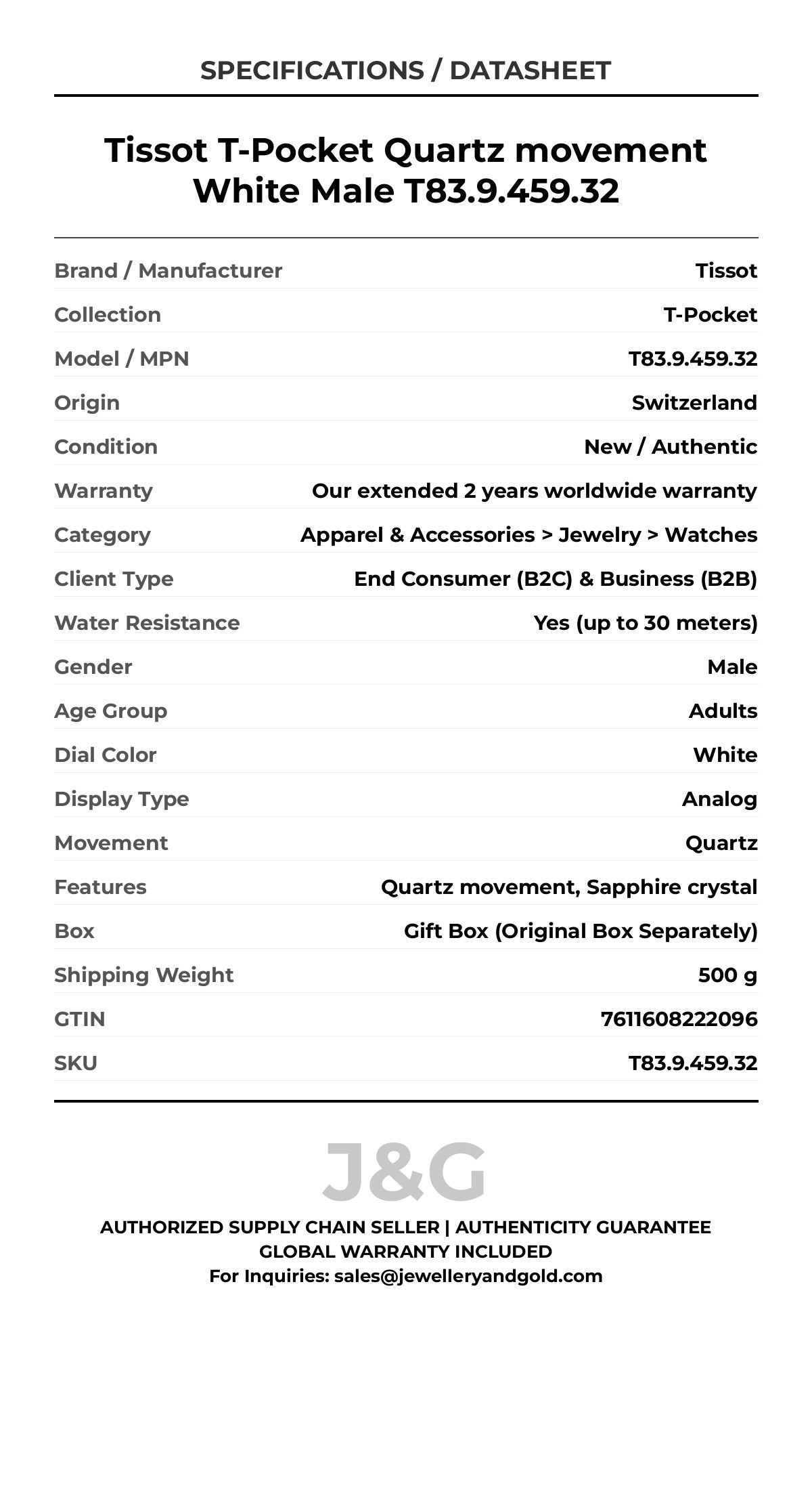 Tissot T-Pocket Quartz movement White Male T83.9.459.32 - Specifications