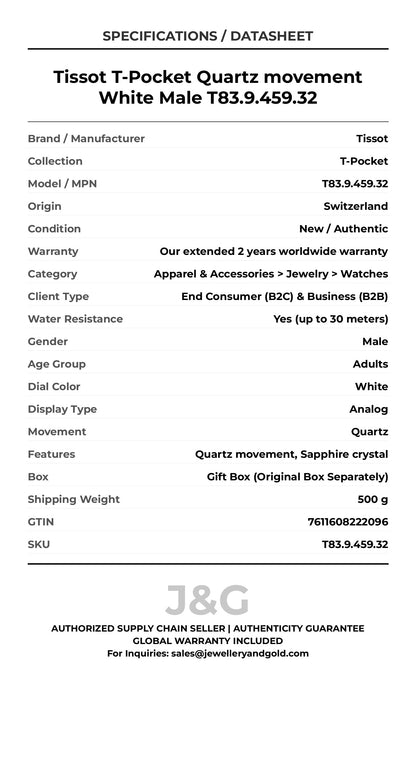 Tissot T-Pocket Quartz movement White Male T83.9.459.32 - Specifications