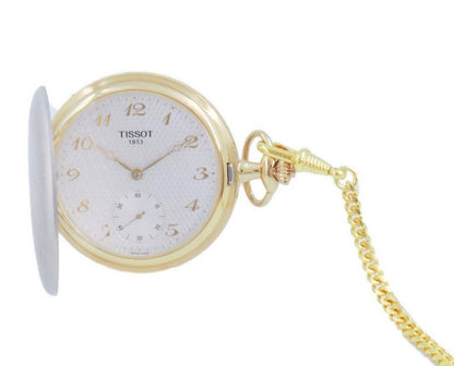 Tissot T-Pocket Quartz movement White Male T83.9.459.32. A brand-new Tissot T-Pocket watch featuring a White dial. Side view.