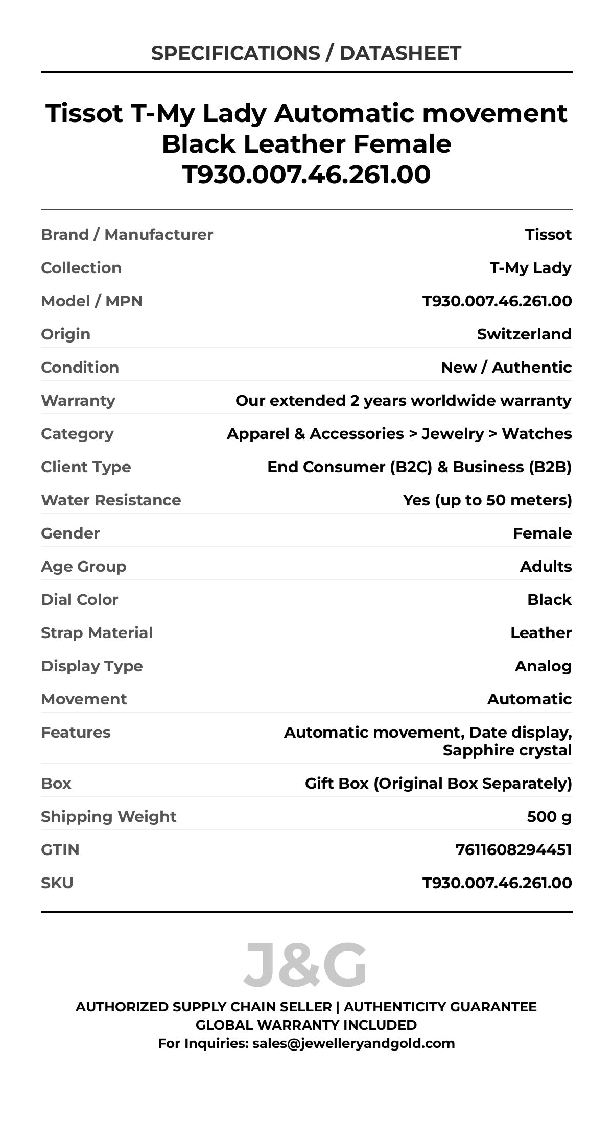 Tissot T-My Lady Automatic movement Black Leather Female T930.007.46.261.00 - Specifications