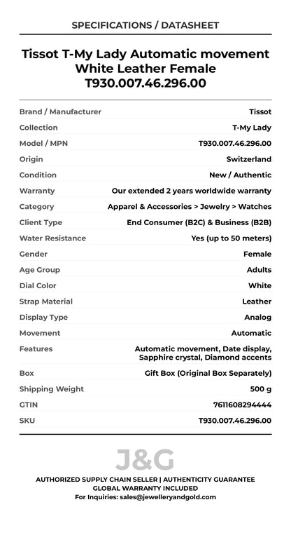 Tissot T-My Lady Automatic movement White Leather Female T930.007.46.296.00 - Specifications