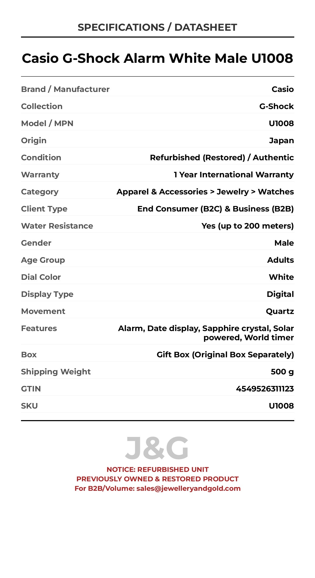 Casio G-Shock Alarm White Male U1008 - Specifications