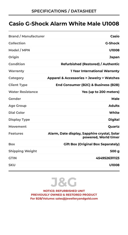 Casio G-Shock Alarm White Male U1008 - Specifications