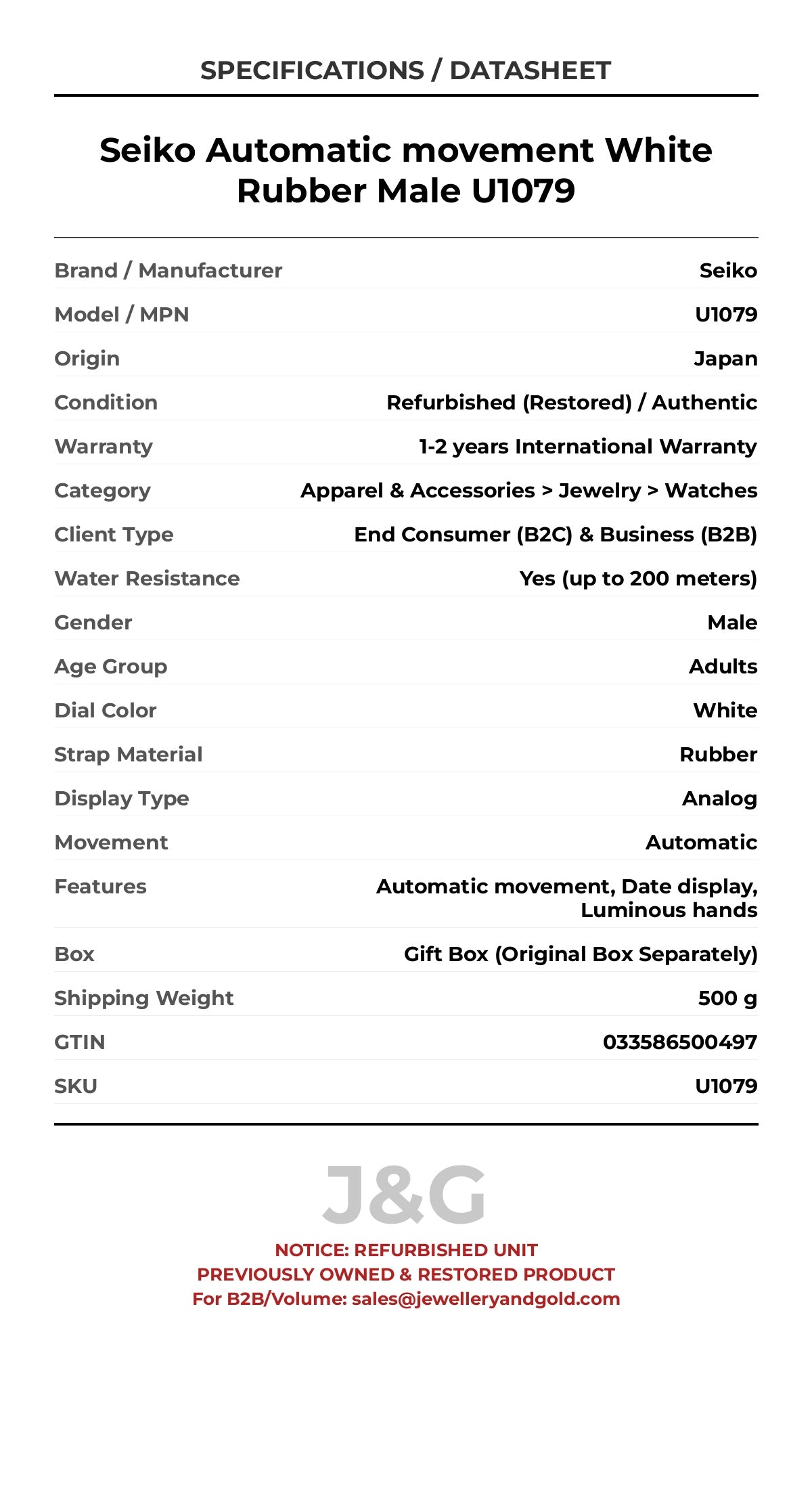 Seiko Automatic movement White Rubber Male U1079 - Specifications