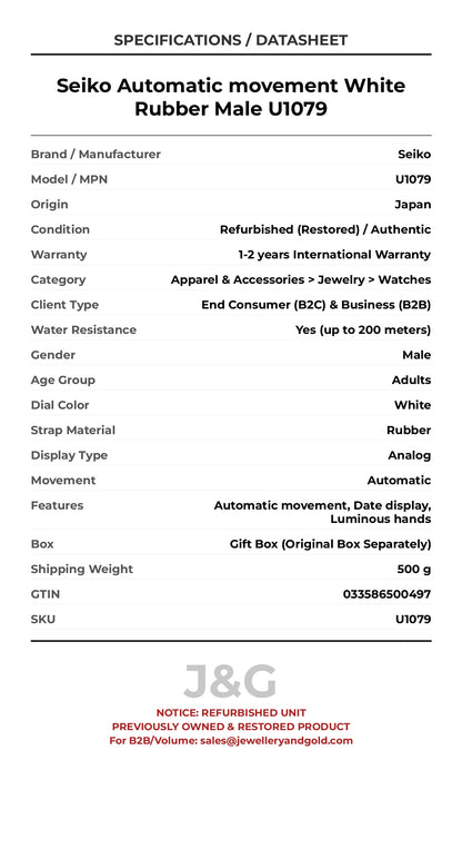 Seiko Automatic movement White Rubber Male U1079 - Specifications