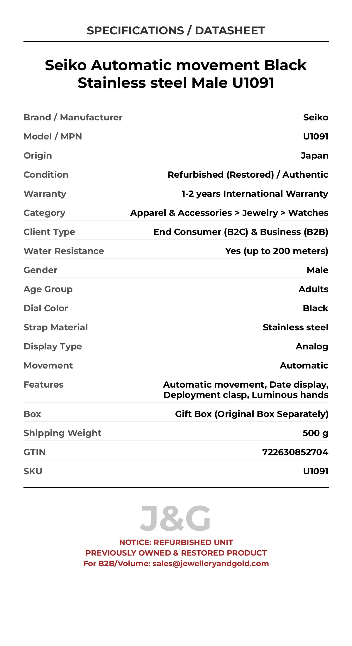 Seiko Automatic movement Black Stainless steel Male U1091 - Specifications