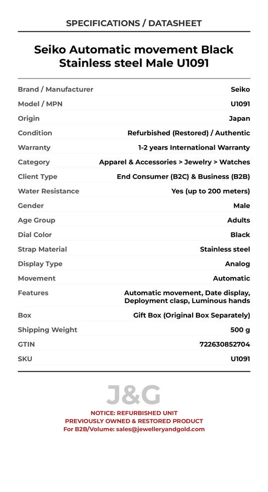 Seiko Automatic movement Black Stainless steel Male U1091 - Specifications