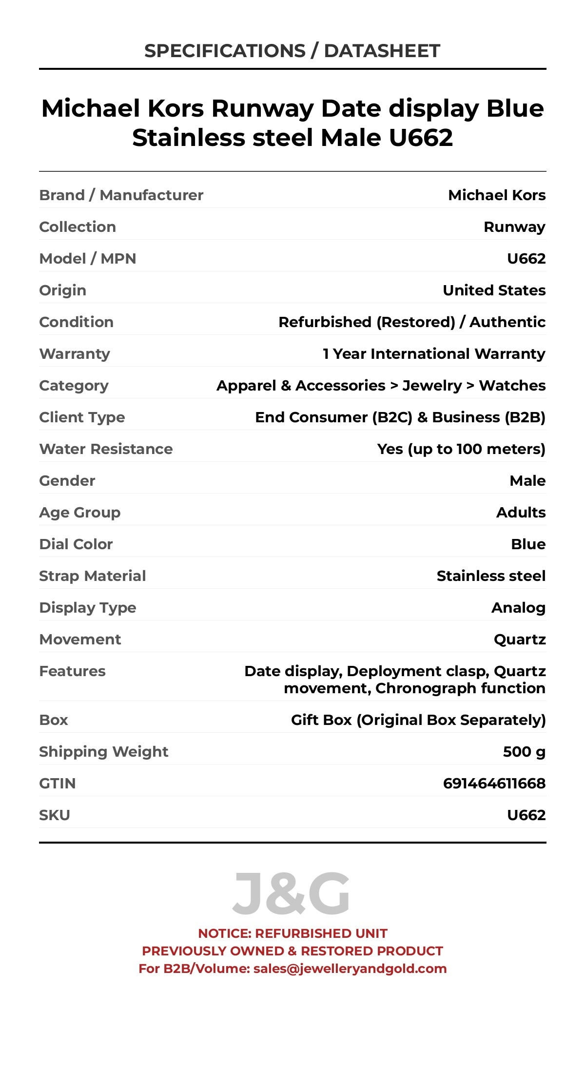 Michael Kors Runway Date display Blue Stainless steel Male U662 - Specifications