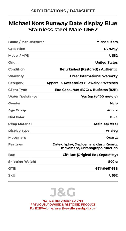 Michael Kors Runway Date display Blue Stainless steel Male U662 - Specifications