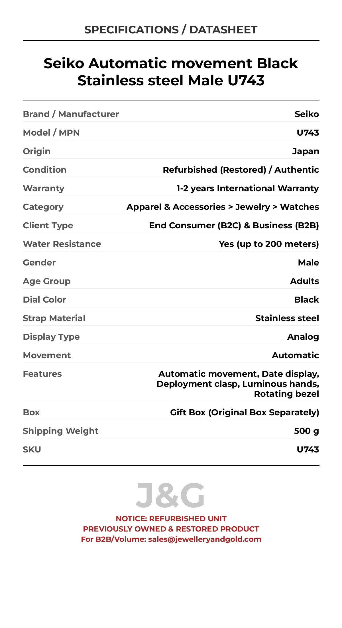 Seiko Automatic movement Black Stainless steel Male U743 - Specifications