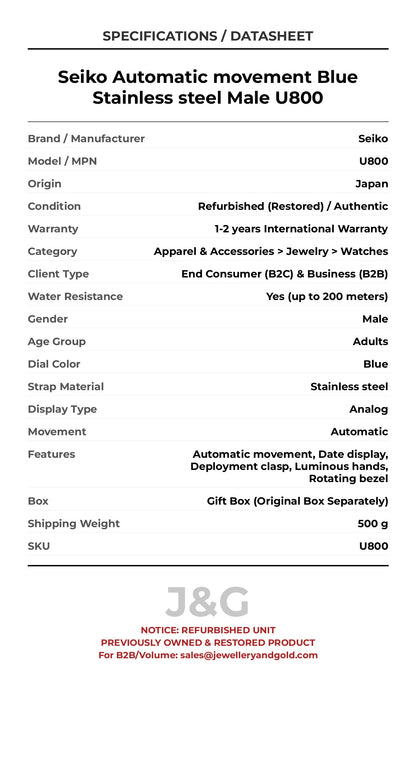 Seiko Automatic movement Blue Stainless steel Male U800 - Specifications