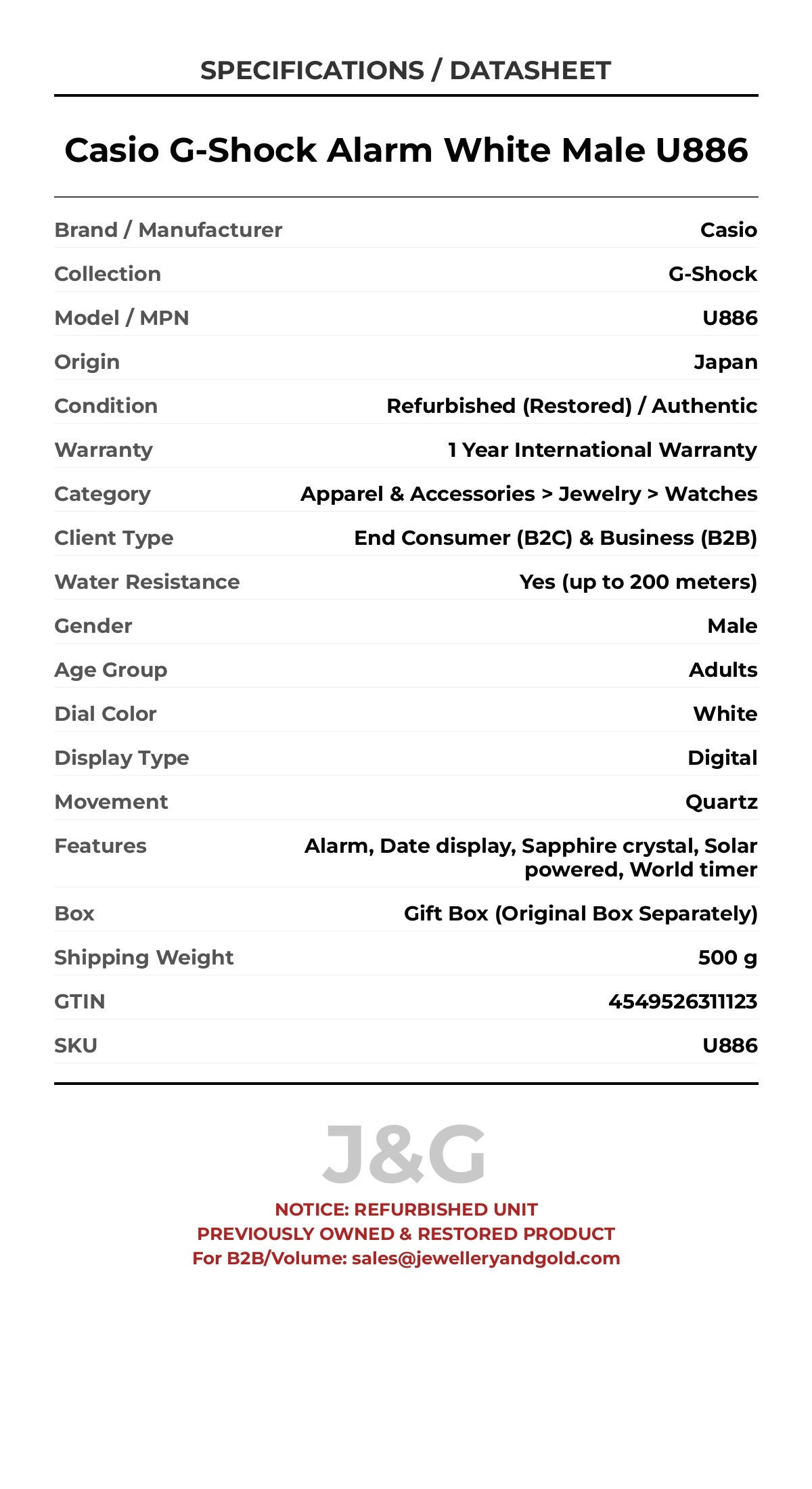 Casio G-Shock Alarm White Male U886 - Specifications