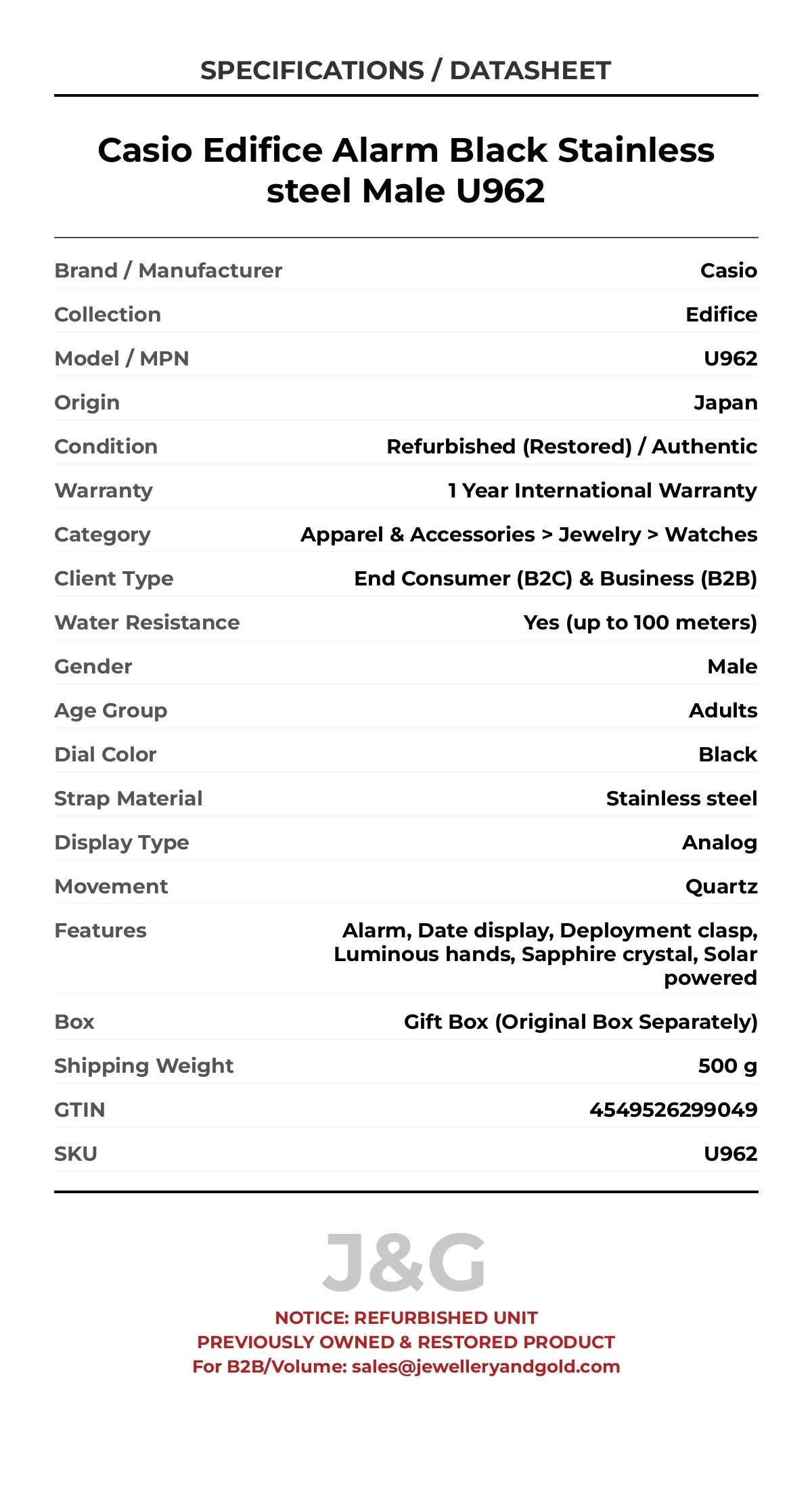 Casio Edifice Alarm Black Stainless steel Male U962 - Specifications