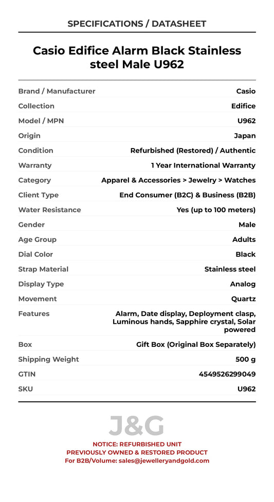 Casio Edifice Alarm Black Stainless steel Male U962 - Specifications