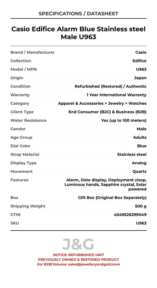Casio Edifice Alarm Blue Stainless steel Male U963 - Specifications