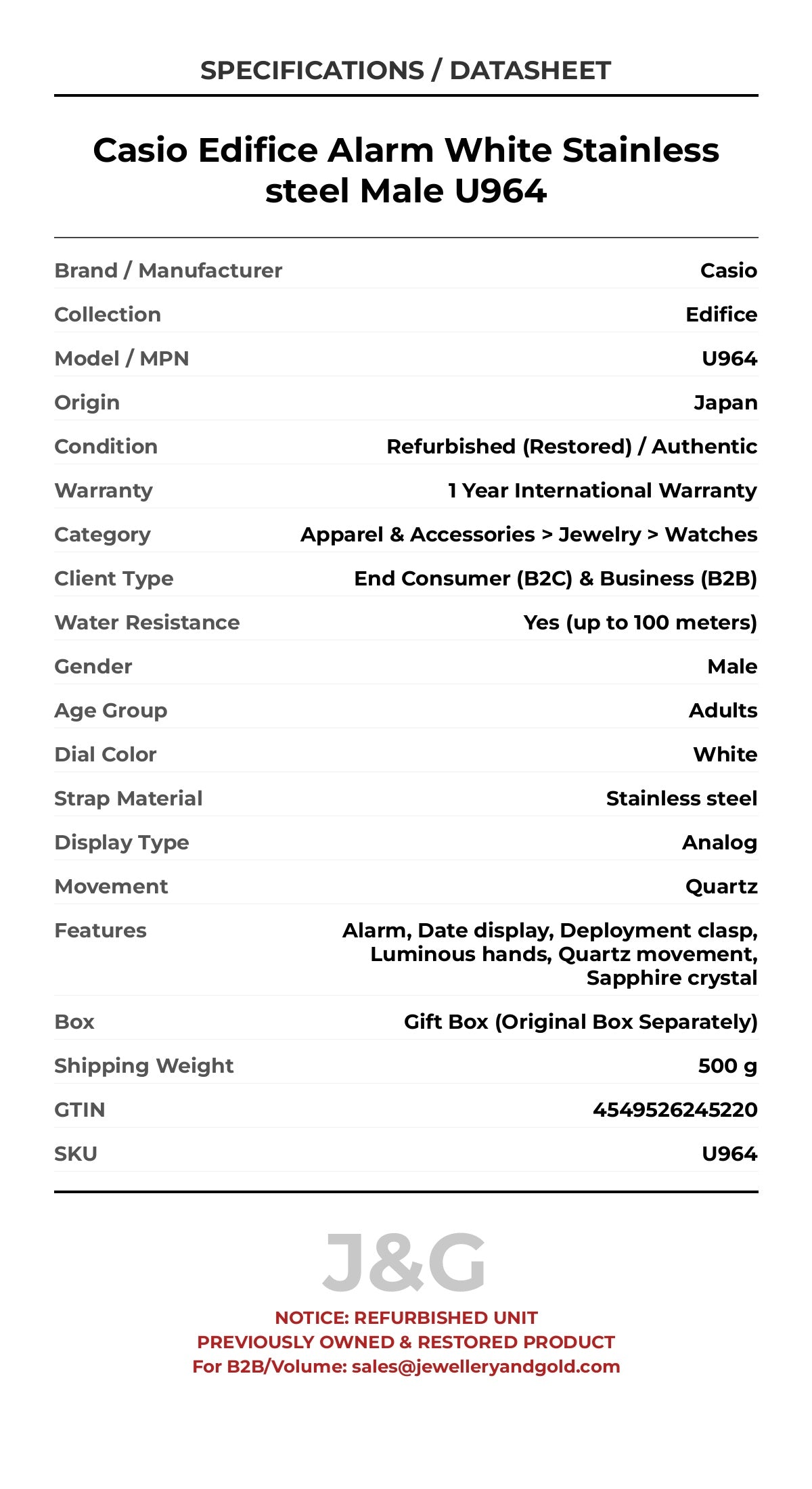 Casio Edifice Alarm White Stainless steel Male U964 - Specifications