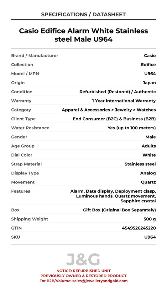 Casio Edifice Alarm White Stainless steel Male U964 - Specifications