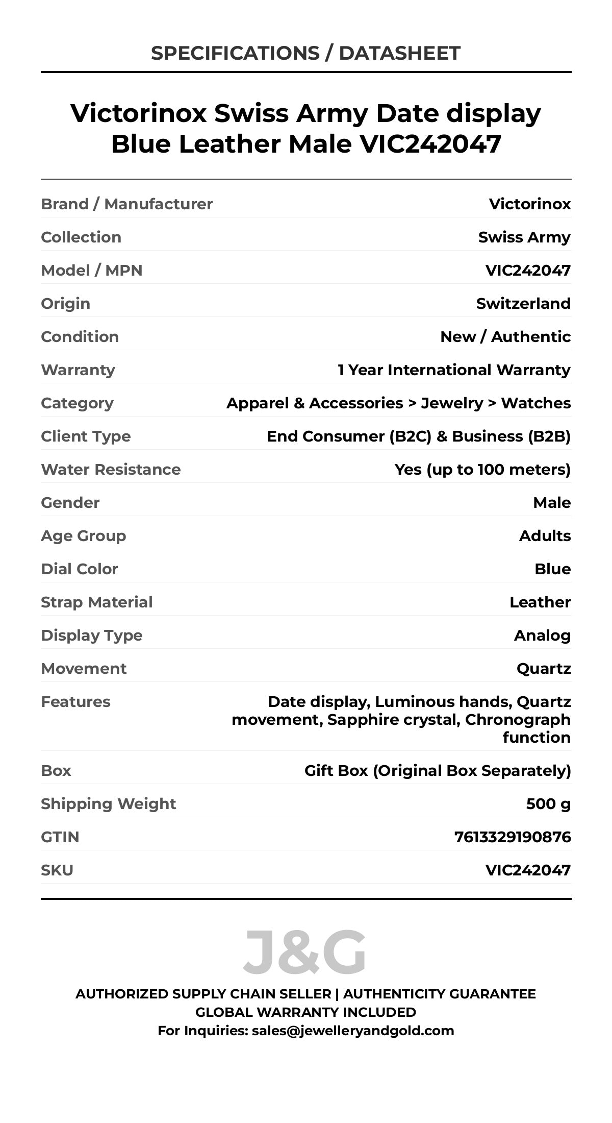 Victorinox Swiss Army Date display Blue Leather Male VIC242047 - Specifications