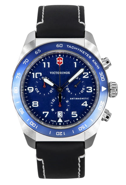 Victorinox Swiss Army Date display Blue Leather Male VIC242047. A brand-new Victorinox Swiss Army watch featuring a Blue dial and a Leather strap. Angled view.