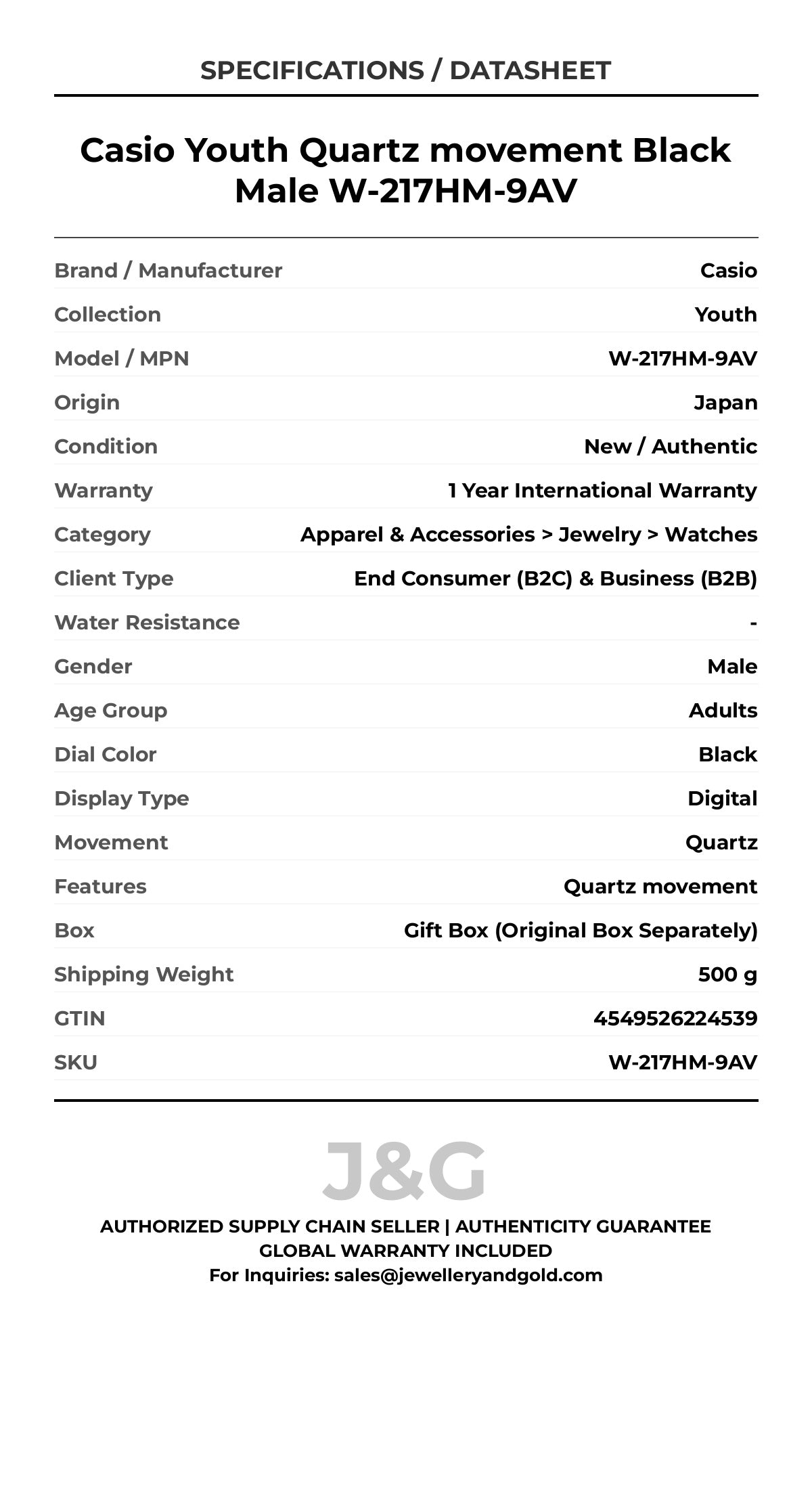 Casio Youth Quartz movement Black Male W-217HM-9AV - Specifications