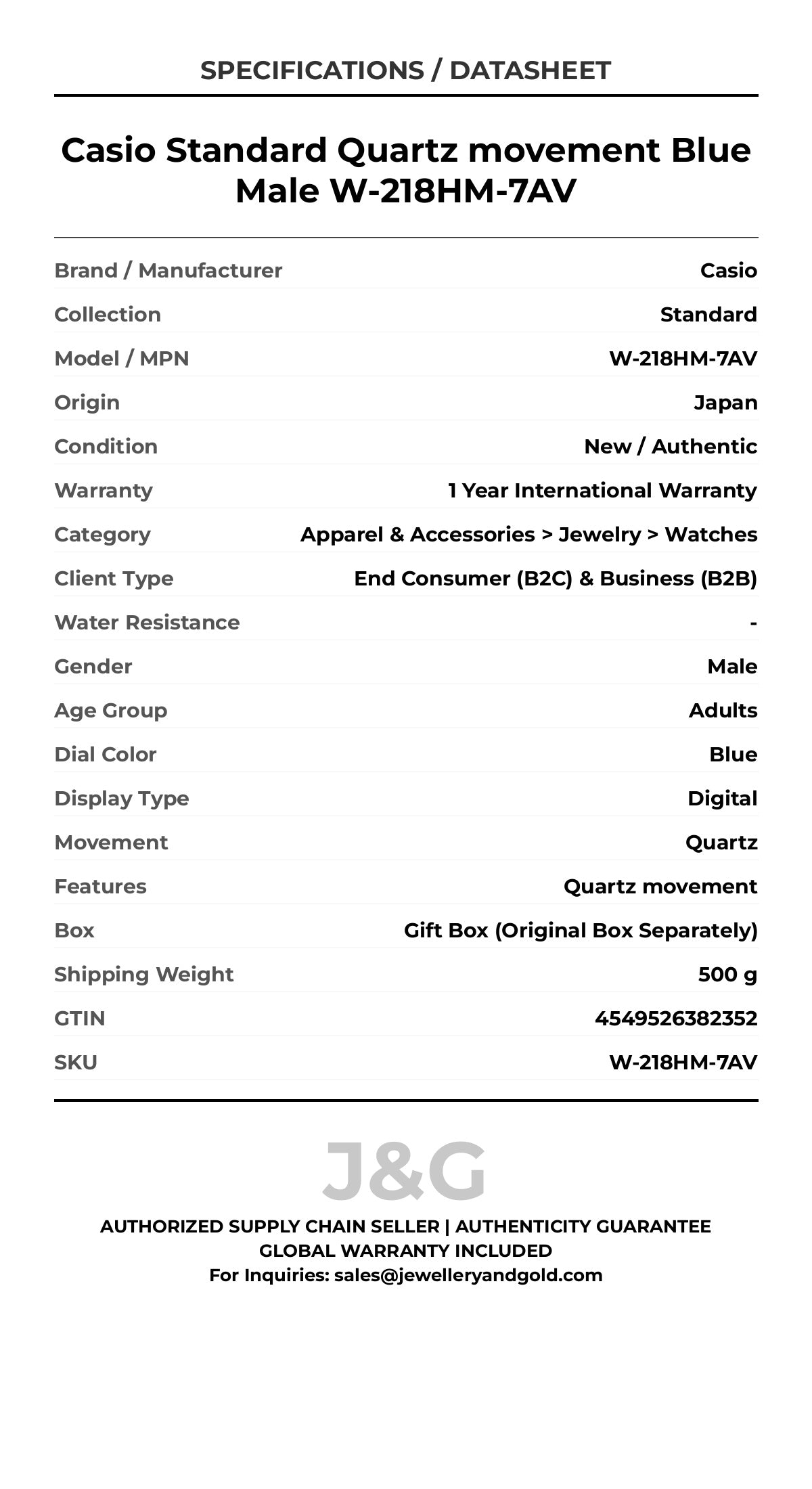 Casio Standard Quartz movement Blue Male W-218HM-7AV - Specifications