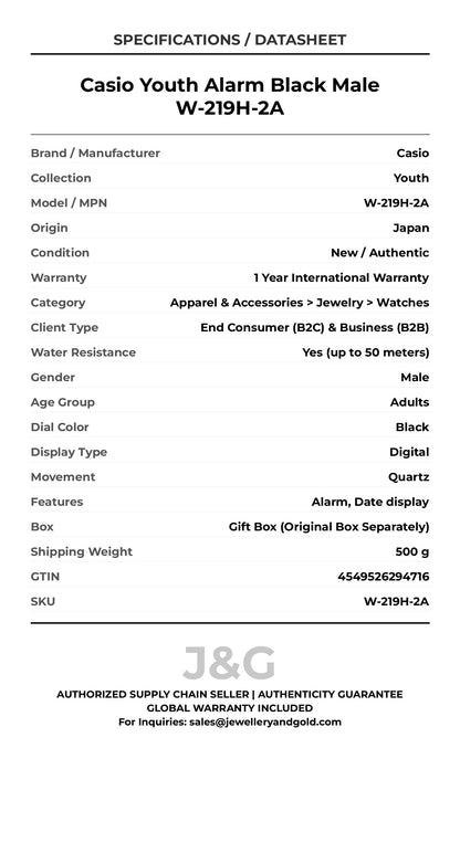 Casio Youth Alarm Black Male W-219H-2A - Specifications