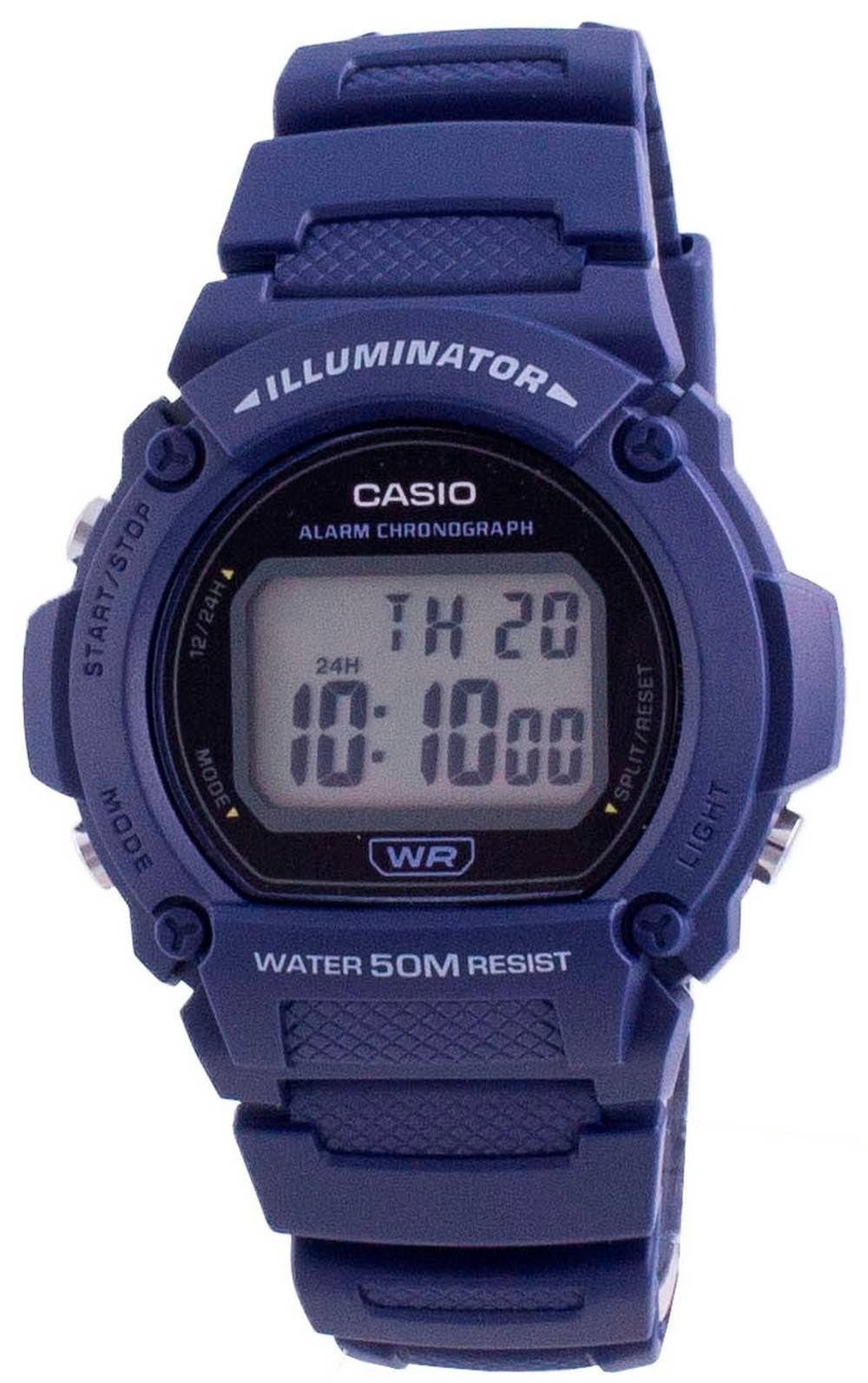 Casio Youth Alarm Black Male W-219H-2A. A brand-new Casio Youth watch featuring a Black dial. Side view.