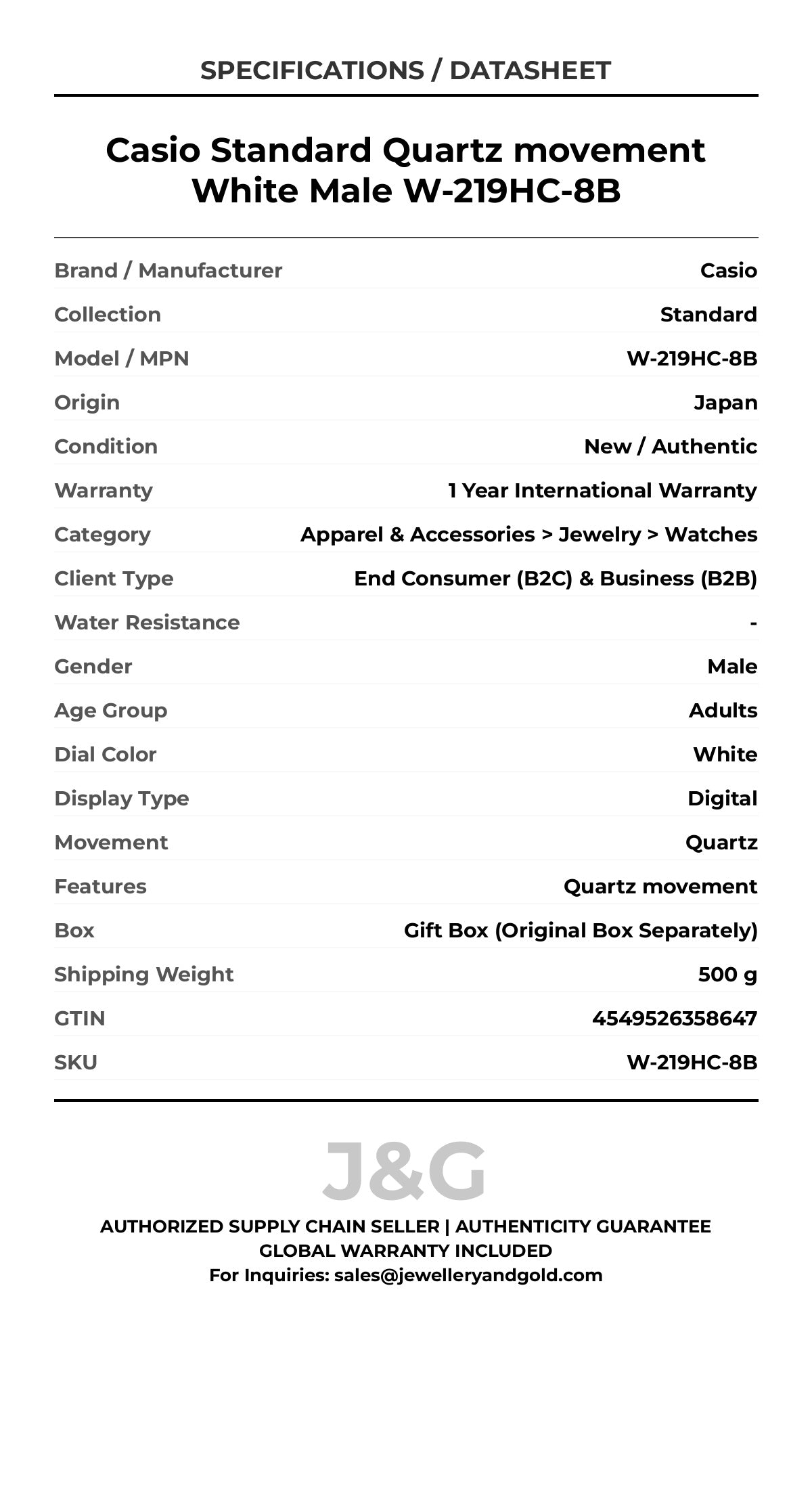 Casio Standard Quartz movement White Male W-219HC-8B - Specifications
