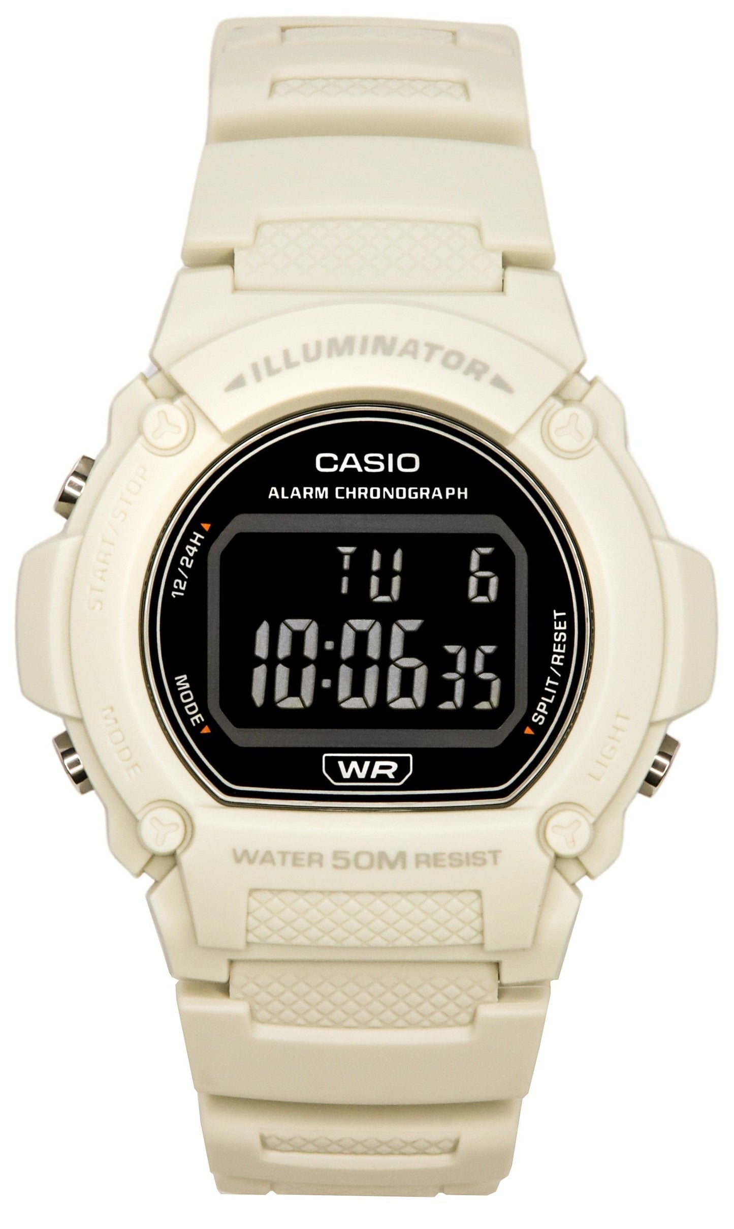 Casio Standard Quartz movement White Male W-219HC-8B. A brand-new Casio Standard watch featuring a White dial. Front view.