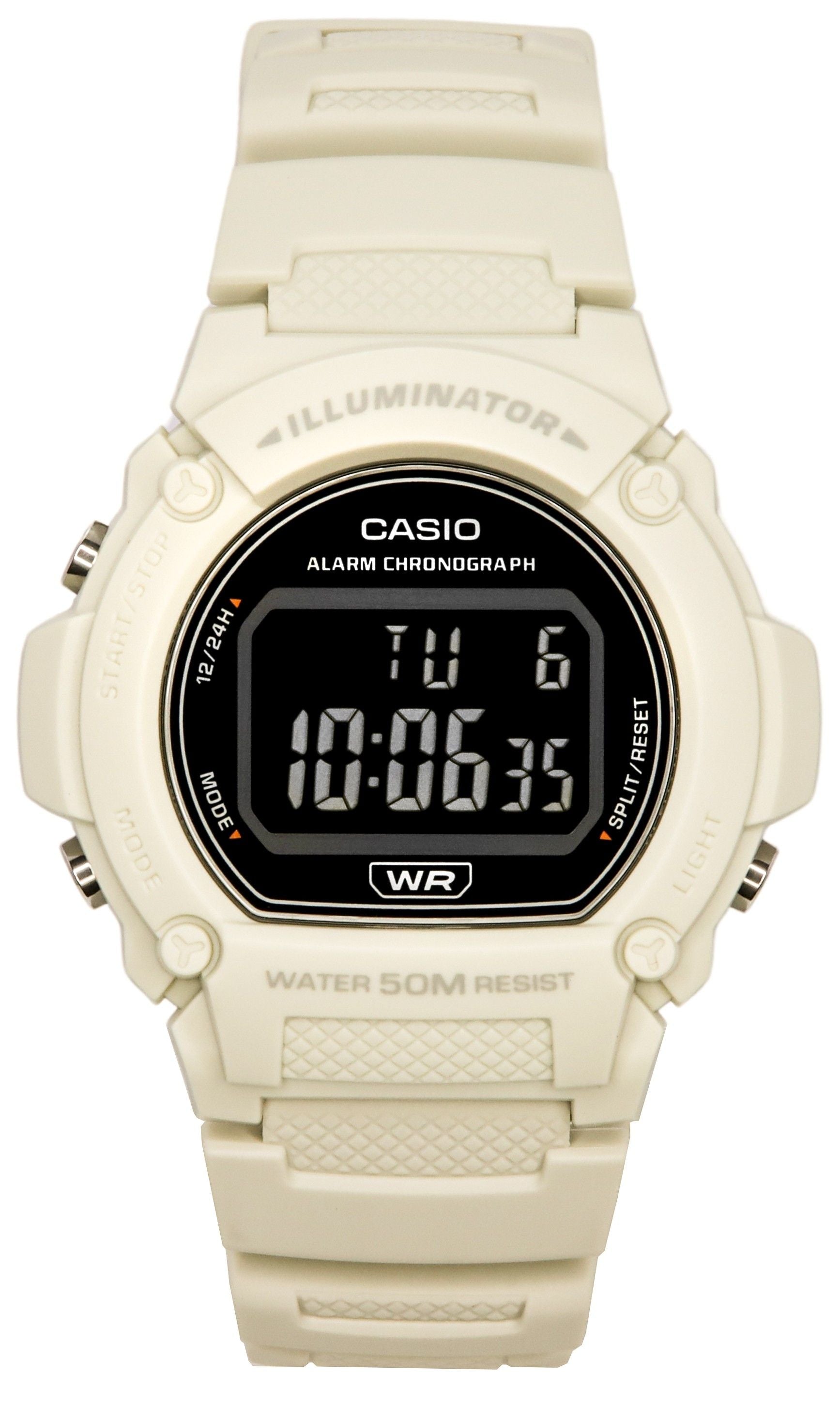 Casio Standard Quartz movement White Male W-219HC-8B. A brand-new Casio Standard watch featuring a White dial. Front view.