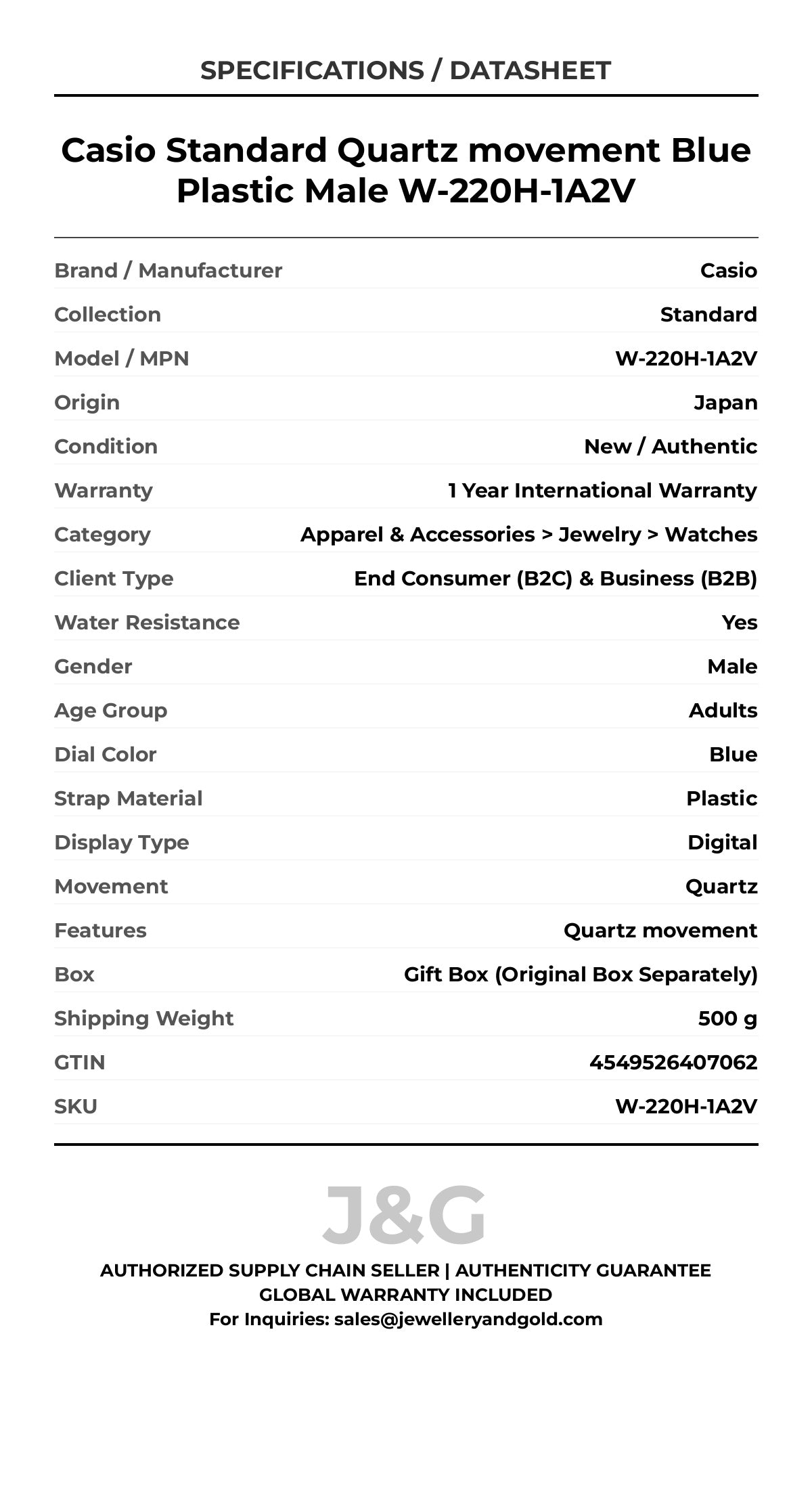 Casio Standard Quartz movement Blue Plastic Male W-220H-1A2V - Specifications