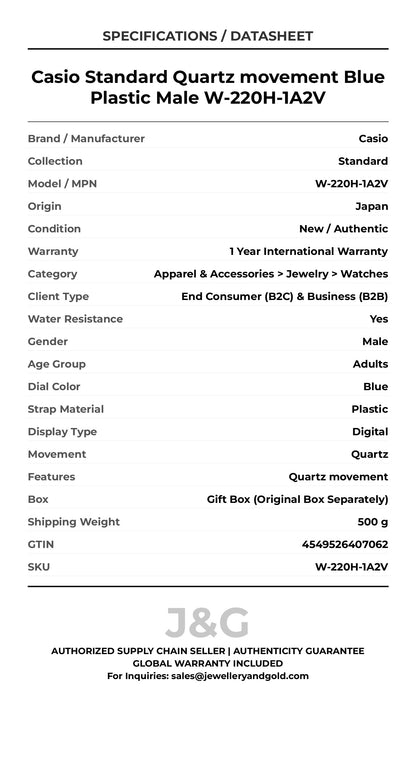 Casio Standard Quartz movement Blue Plastic Male W-220H-1A2V - Specifications