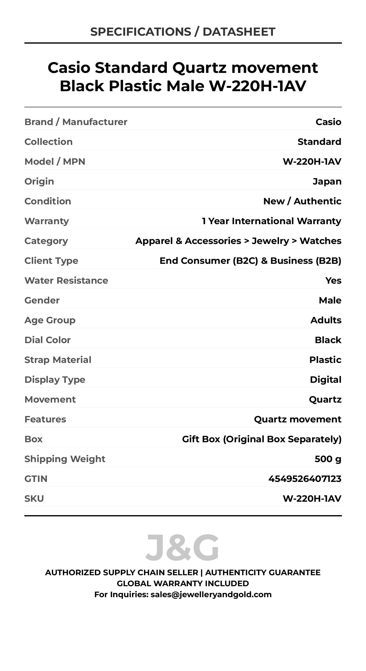 Casio Standard Quartz movement Black Plastic Male W-220H-1AV - Specifications