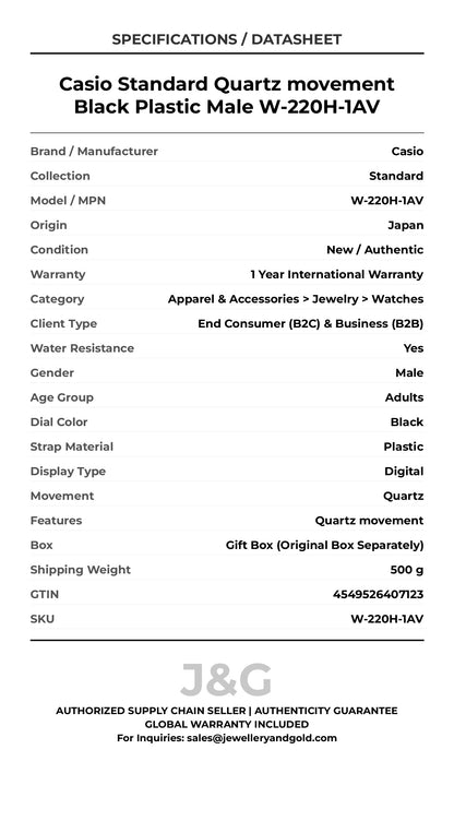 Casio Standard Quartz movement Black Plastic Male W-220H-1AV - Specifications