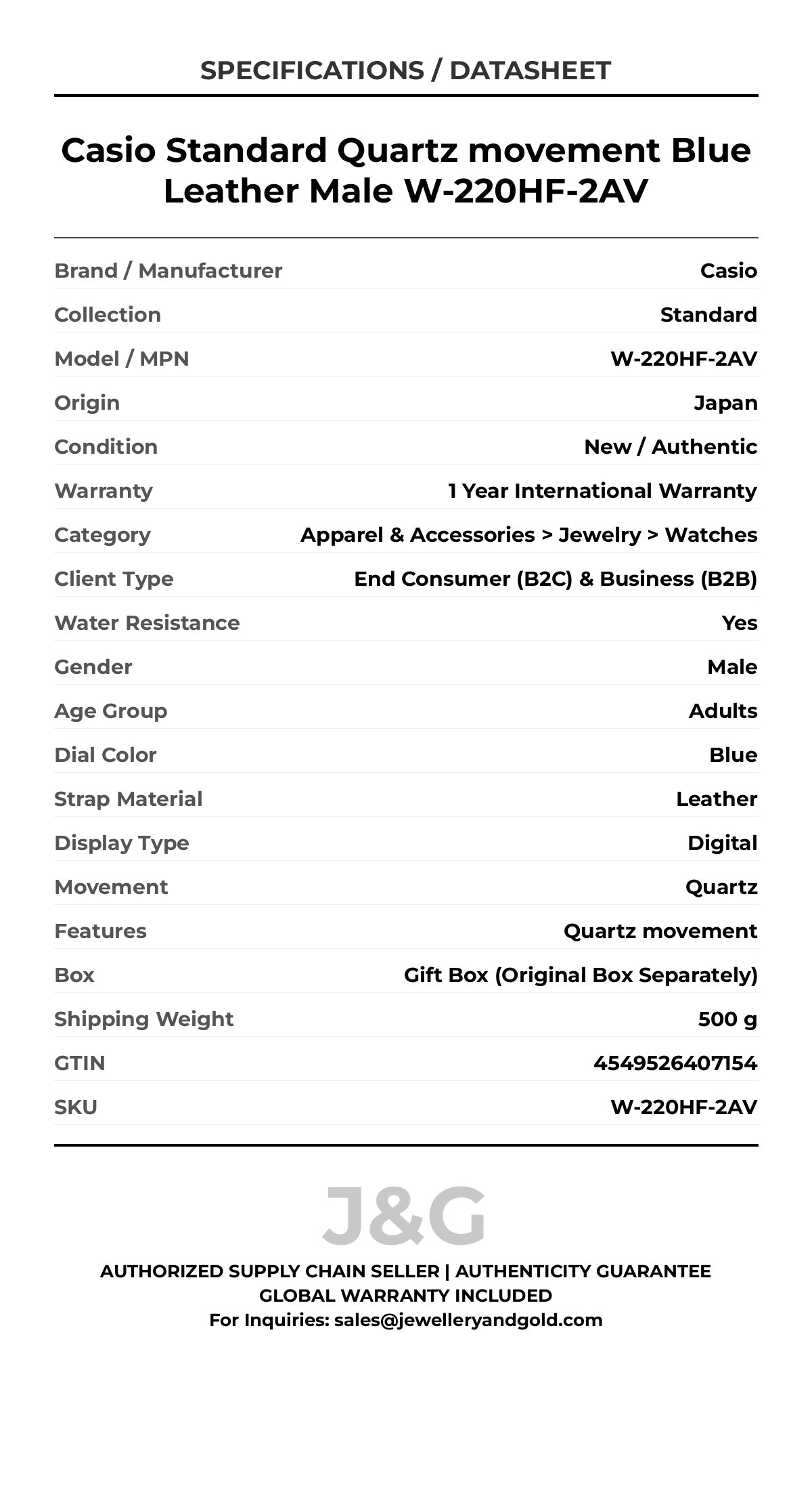 Casio Standard Quartz movement Blue Leather Male W-220HF-2AV - Specifications