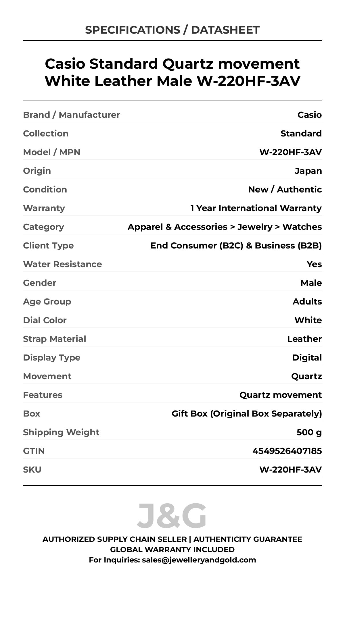 Casio Standard Quartz movement White Leather Male W-220HF-3AV - Specifications