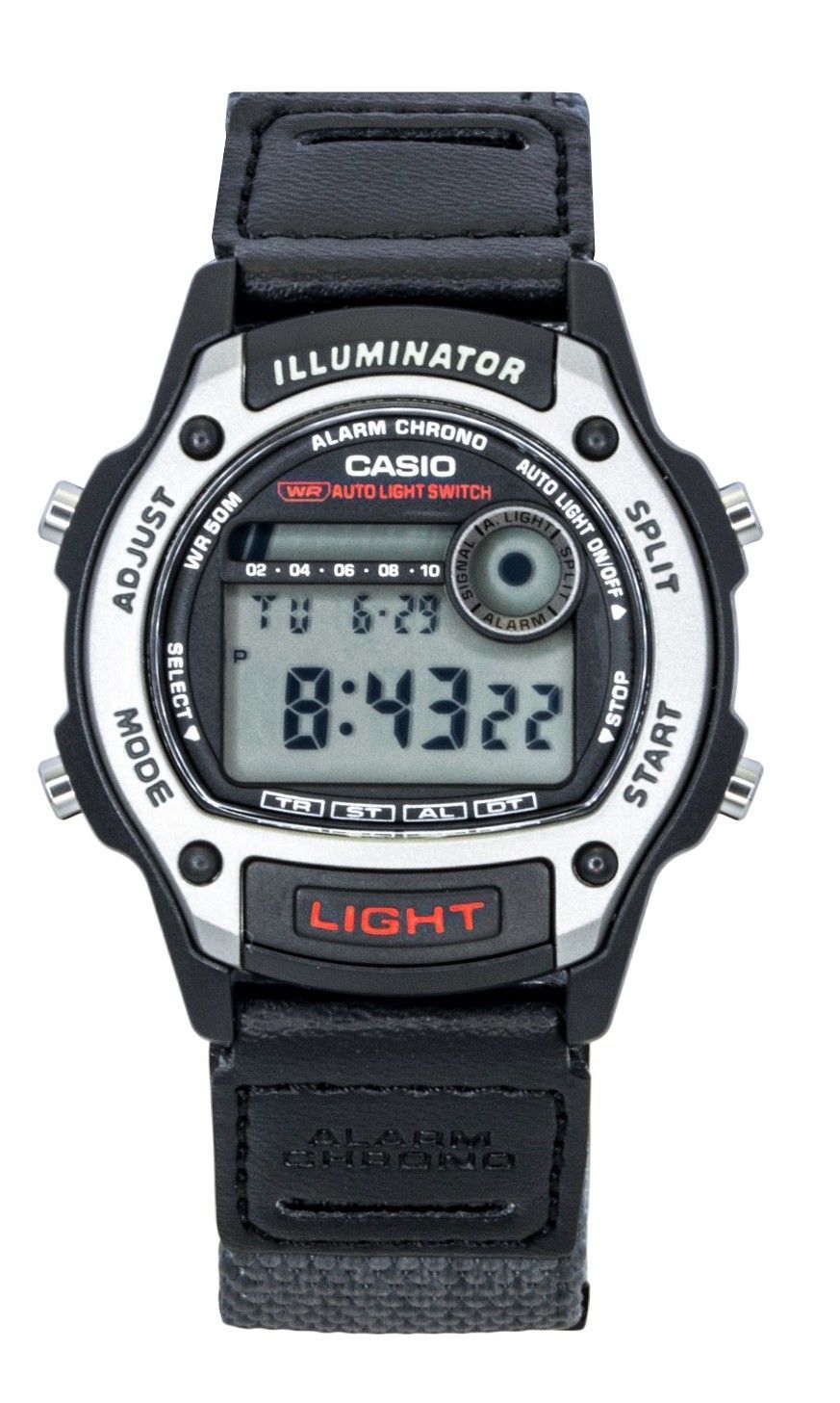 Casio Standard Quartz movement Black Leather Male W-220HF-8AV. A brand-new Casio Standard watch featuring a Black dial and a Leather strap. Angled view.