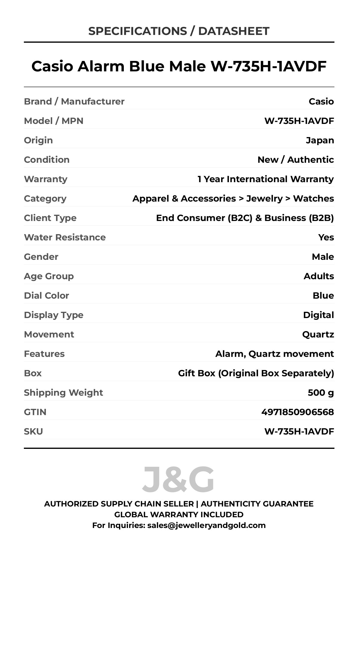 Casio Alarm Blue Male W-735H-1AVDF - Specifications
