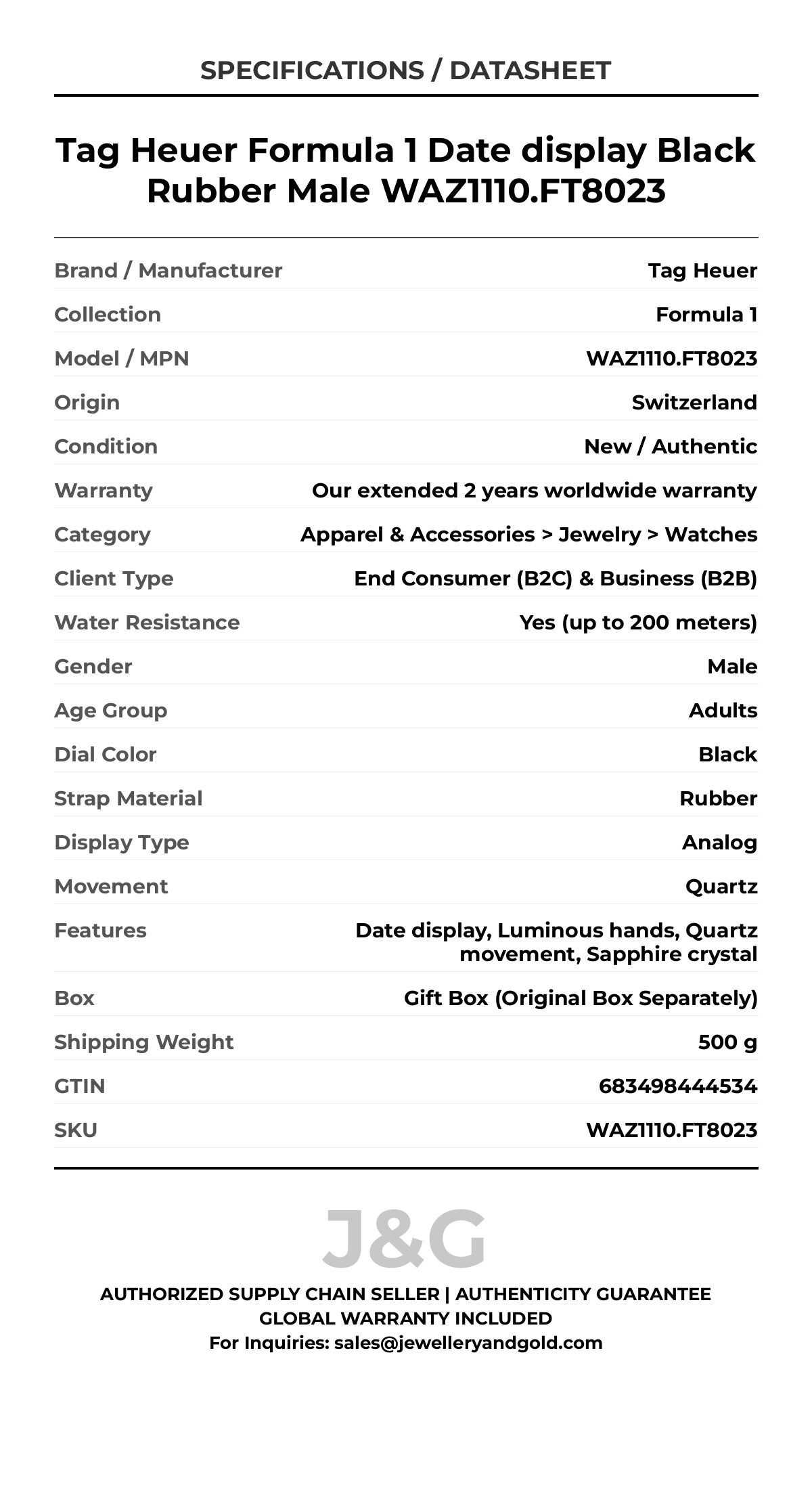 Tag Heuer Formula 1 Date display Black Rubber Male WAZ1110.FT8023 - Specifications