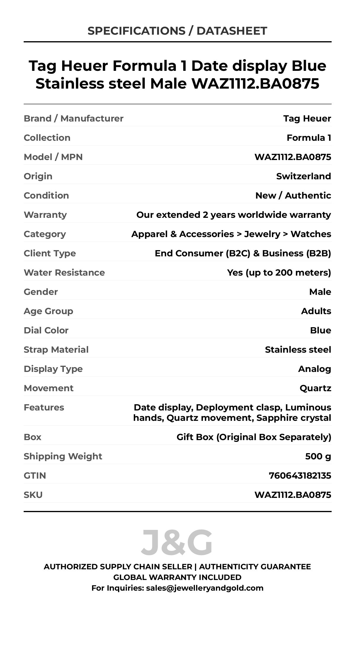 Tag Heuer Formula 1 Date display Blue Stainless steel Male WAZ1112.BA0875 - Specifications