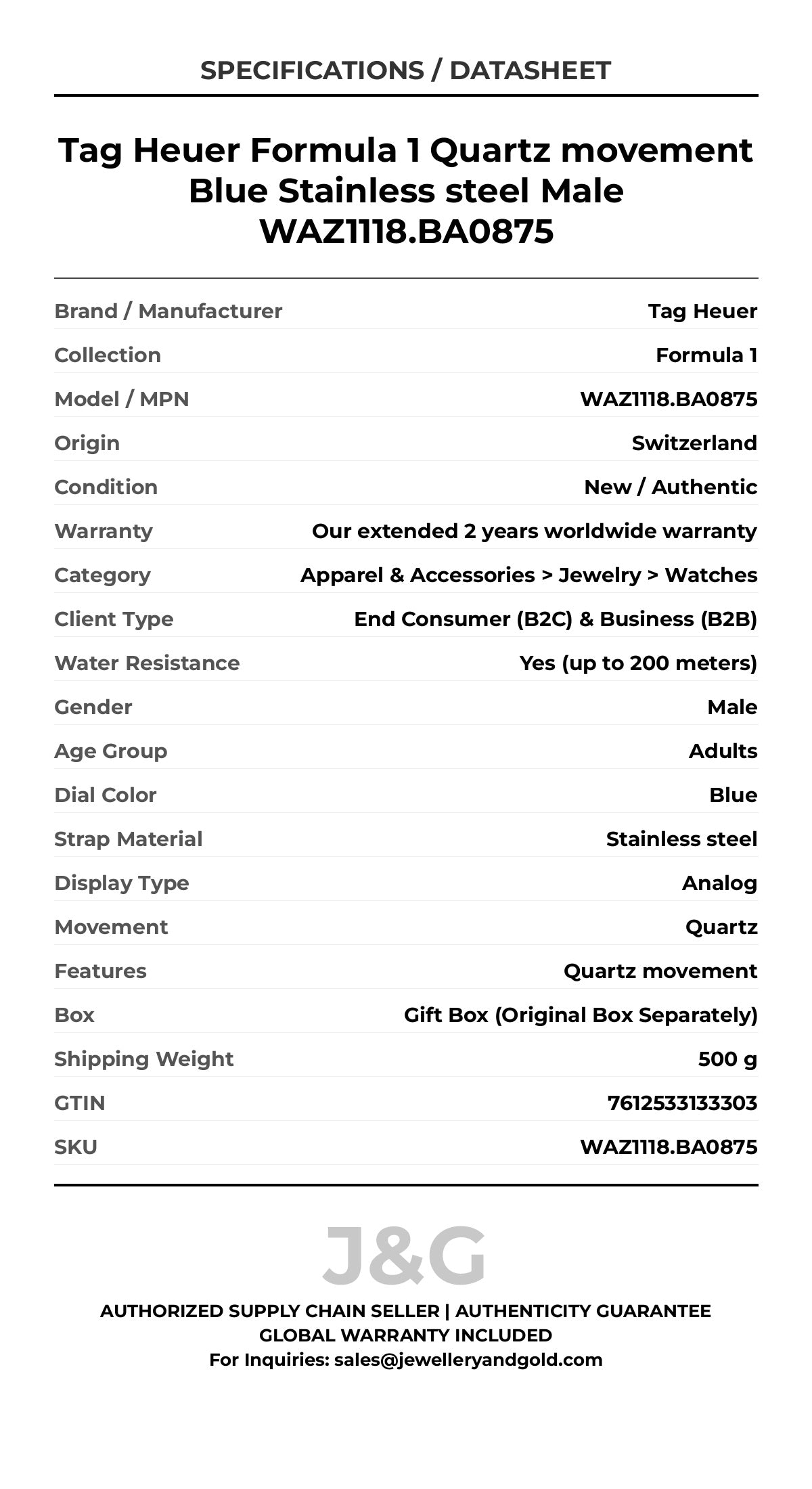 Tag Heuer Formula 1 Quartz movement Blue Stainless steel Male WAZ1118.BA0875 - Specifications