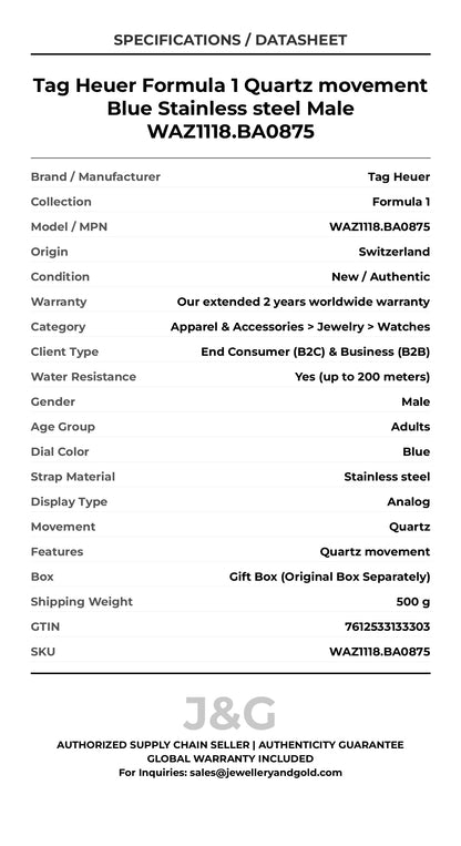 Tag Heuer Formula 1 Quartz movement Blue Stainless steel Male WAZ1118.BA0875 - Specifications