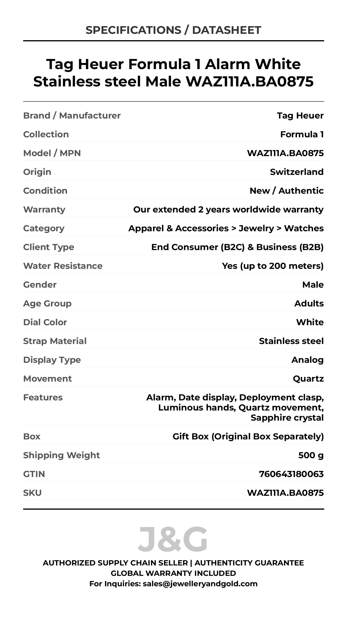 Tag Heuer Formula 1 Alarm White Stainless steel Male WAZ111A.BA0875 - Specifications